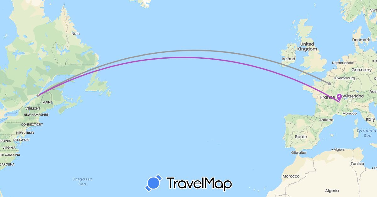 TravelMap itinerary: plane, train in France (Europe)